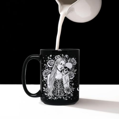 Black Skull Mug 15oz - Gothic Halloween Coffee Cup for Women, Spooky Gift
