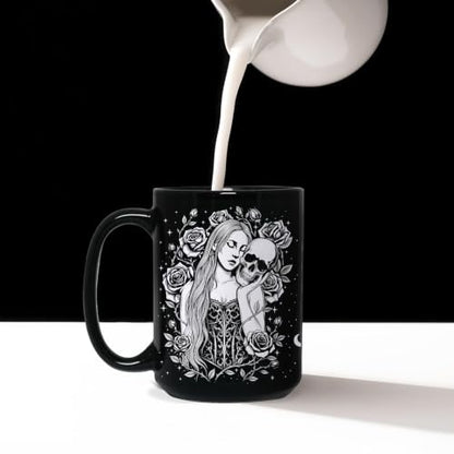 Black Skull Mug 15oz - Gothic Halloween Coffee Cup for Women, Spooky Gift