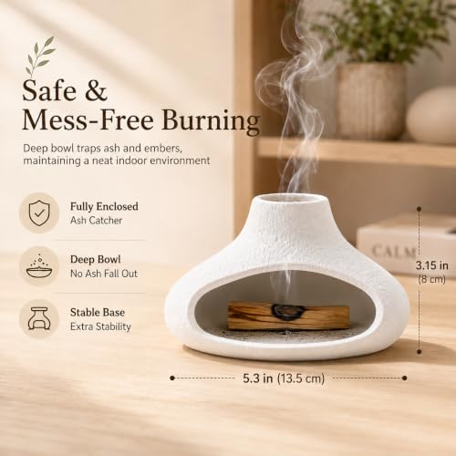 Ceramic Palo Santo Burner with Ash Catcher - Small Tabletop Chiminea for Incense & Smudging