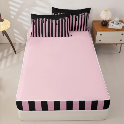 Black Pink Striped Zipper Bedding Set Twin with Comforter & Sheets for Kids - Minimalist Geometric Lines Bed in a Bag - Variation: Black Pink / Twin