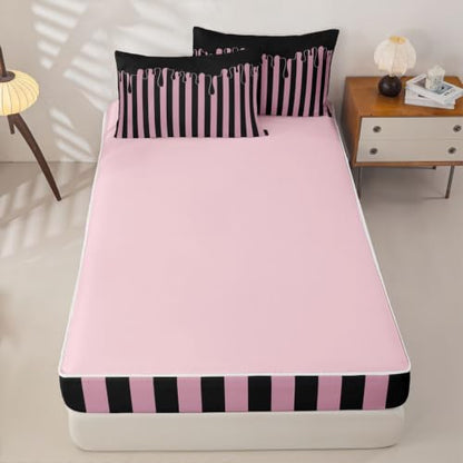 Black Pink Striped Zipper Bedding Set Twin with Comforter & Sheets for Kids - Minimalist Geometric Lines Bed in a Bag - Variation: Black Pink / Twin