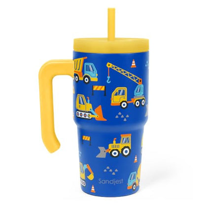 Construction Kids Tumbler 20oz Insulated Stainless Steel Cup with Handle & Silicone Straw Lid - Gift Idea for Boys & Girls