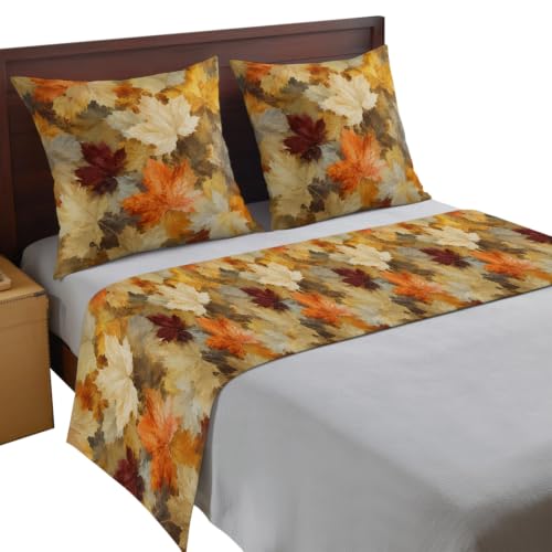 Fall Maple Leaf Bed Runner Set Ochre Burgundy 102x20 Inches with Pillowcases