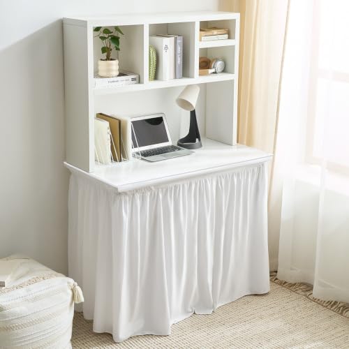 36-Inch White Plush Dorm Desk Skirt with Elastic Fit - Modern Desk Cover