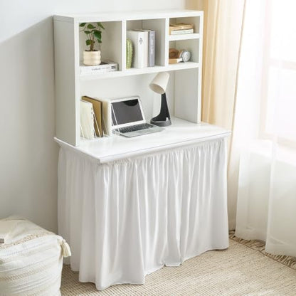 36-Inch White Plush Dorm Desk Skirt with Elastic Fit - Modern Desk Cover