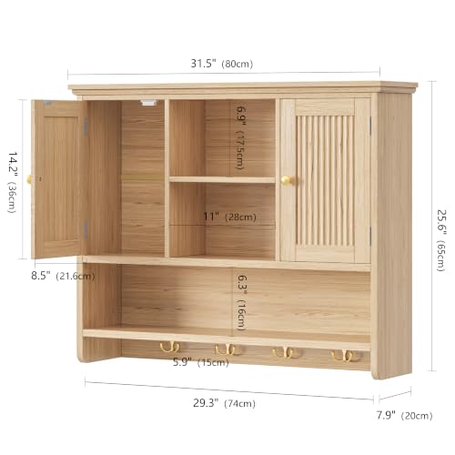 Wall Mount Bathroom Cabinet with Fluted Doors and Hooks - Natural Oak