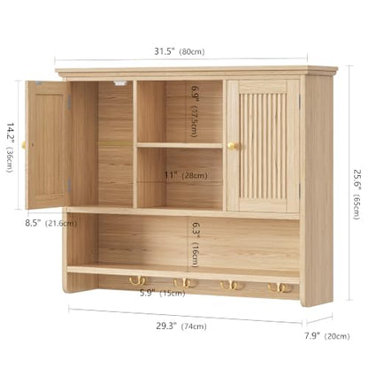Wall Mount Bathroom Cabinet with Fluted Doors and Hooks - Natural Oak