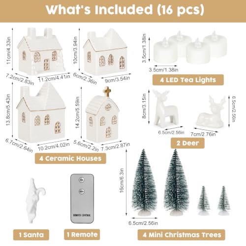 Christmas Village Set with 4 Ceramic Houses and 4 Trees - 16 Pieces