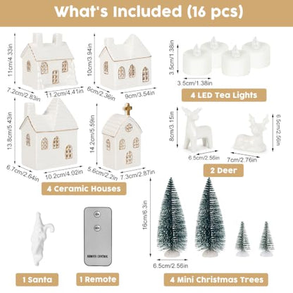 Christmas Village Set with 4 Ceramic Houses and 4 Trees - 16 Pieces