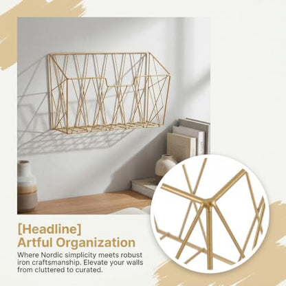 Wall Mounted Mail and Magazine Holder with Gold Finish - Space-Saving Iron Wire Organizer