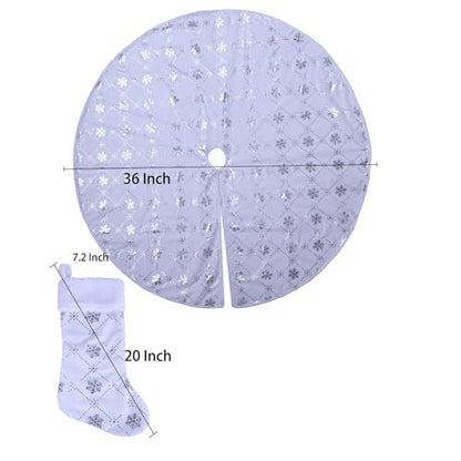 36 Inch White Christmas Tree Skirt with Sequin Snowflakes and Stockings - Holiday Decor