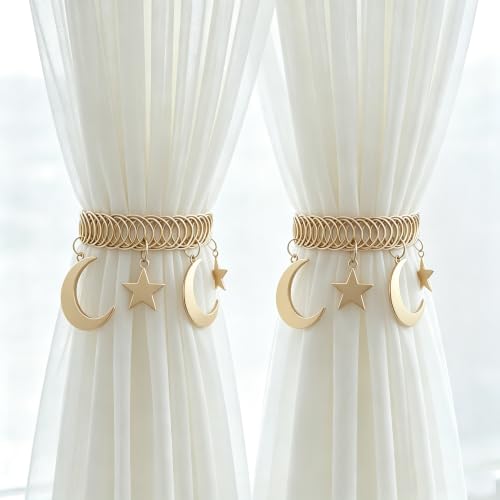 Golden Moon Star Metal Elastic Curtain Tiebacks - 2 Pack, Decorative Boho Holdbacks