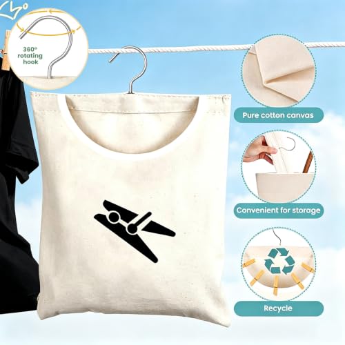 Laundry Clothespin Bag 12.5x11 Inch Canvas Hanging Storage White