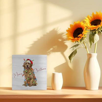 Christmas Golden Retriever Dog Wood Box Sign - Holiday Home Decor, 5x5 Inch