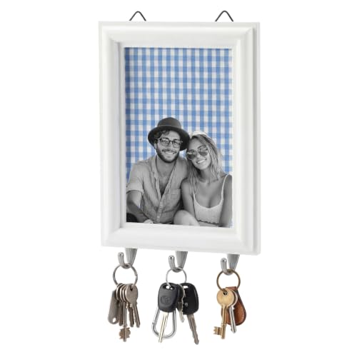 Stylish Farmhouse Rustic Key Holder Wall Decor with Photo Frame - Blue Gingham