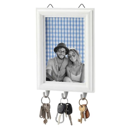 Stylish Farmhouse Rustic Key Holder Wall Decor with Photo Frame - Blue Gingham
