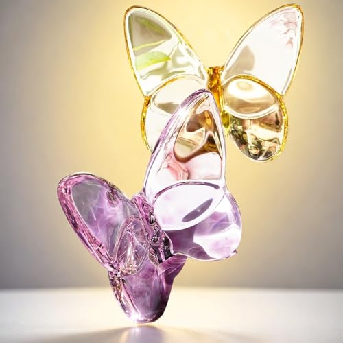 Pink Butterfly Crystal Figurines - Glass Wedding & Holiday Decor - 2 Pack