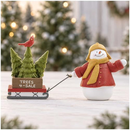 Snowman Christmas Figurine Pulling Tree Sled - 6.1 Inch Holiday Decor