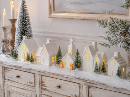 Christmas Village Set with Lighted Ceramic Houses, Trees & Figurines - Indoor Holiday Decor