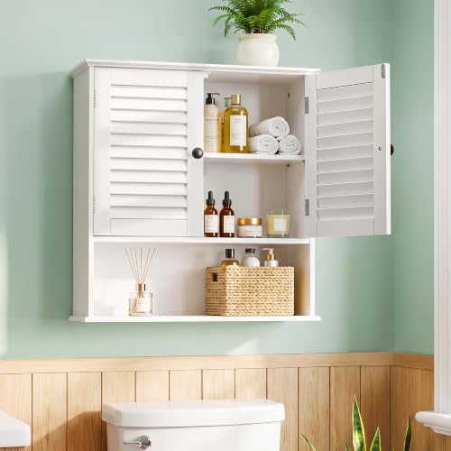Wall Mounted Bathroom Cabinet with Louvered Doors - 23.6x8.27x24.8 Inches, White Rustic Style with Adjustable Shelf - Variation of 8.27"D x 23.62"W x 24.8"H