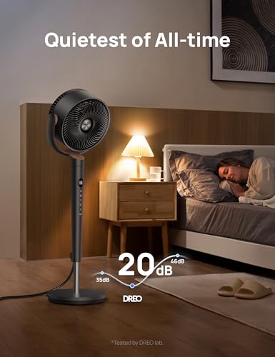 DREO Fan for Bedroom, 120° Oscillating Standing Fan, Quiet Floor Fan with DC Motor, Pedestal Fan for Room, 9 Speeds, 4 modes, 20dB, 120° Manual Vertical, 37-42" Adjustable Height, 9H Timer, Dark Gray
