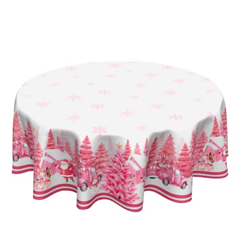 Christmas Forest Pink Round Tablecloth 60 Inch Xmas Trees Holiday Decor