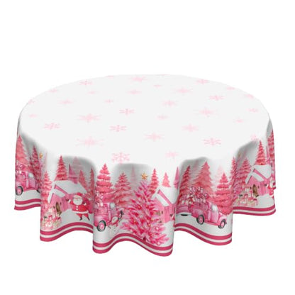 Christmas Forest Pink Round Tablecloth 60 Inch Xmas Trees Holiday Decor