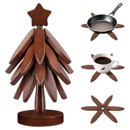 Wooden Tree Trivets Set of 4 with Stand - Heat-Resistant Kitchen Decor