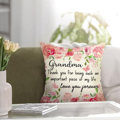 Grandma Gift Pillow Cover 18x18 Floral Butterfly Love Throw Pillowcase - Pink