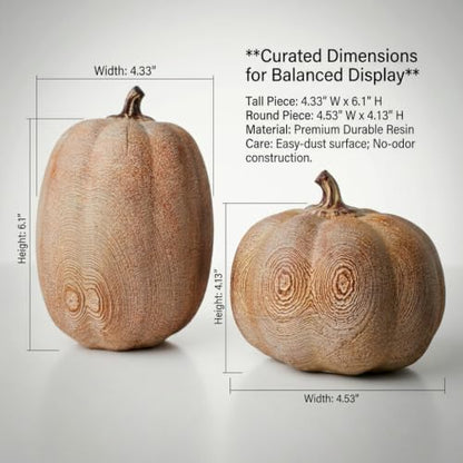 Faux Wood Grain Resin Pumpkins Set of 2 Fall Decor for Thanksgiving