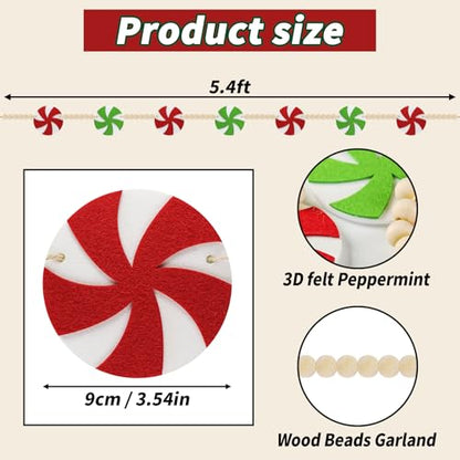 6Ft Candy Christmas Garland - Felt Red & Green Holiday Decor with Peppermint & Wooden Beads - Indoor Mantel & Tree Decoration - Variation: Red Green