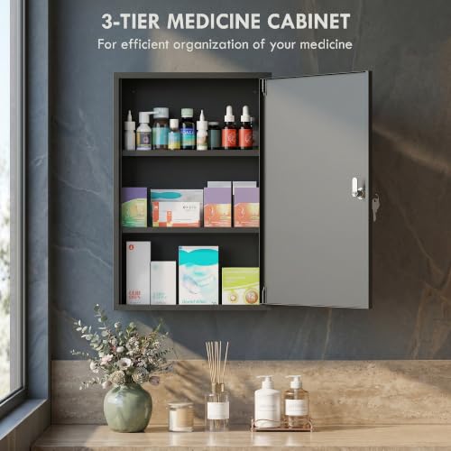 Steel Wall Mount Medicine Cabinet 3-Tier Lockable Bathroom Storage Black