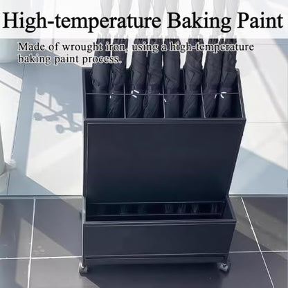 Black Commercial Umbrella Stand with Double-Tier Storage & Removable Drip Tray