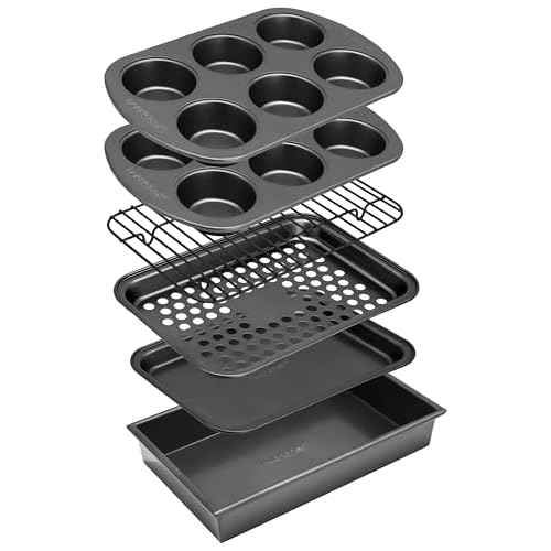NutriChef 6-Piece Toaster Oven Bakeware Set, Compact Non-Stick Stackable Baking Pan Set with Muffin Pans, Roasting Tray & Baking Sheets, Durable Stain-Resistant Carbon Steel Design for Toaster Ovens