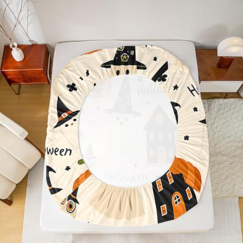 Halloween Bed Sheet Set King Size Ghost Bats Owl Pumpkin Deep Pocket Microfiber Ivory & Pumpkin Orange