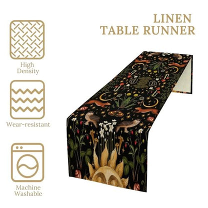 Retro Animal Table Runner for Kitchen, Dark Bohemian Forest Design, W13X L36 - Cotton Linen Decor