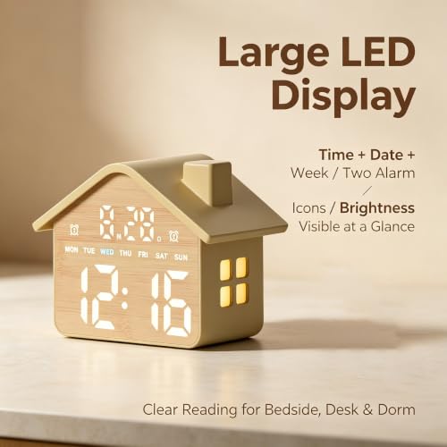 Wood Grain House-Shaped LED Alarm Clock with Night Light - GDQ