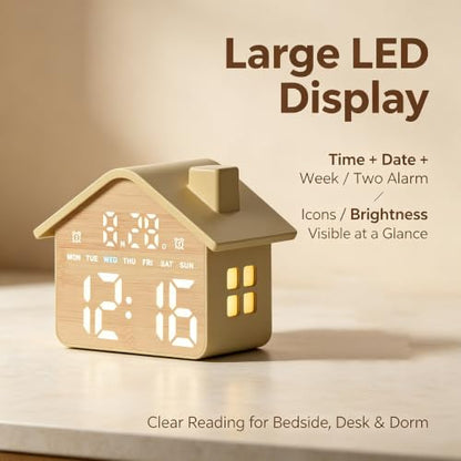 Wood Grain House-Shaped LED Alarm Clock with Night Light - GDQ