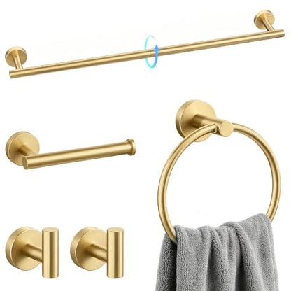 Brushed Gold Bathroom Accessories Set - 24 Inch Towel Bar, Toilet Paper Holder & Rings - Set A