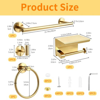 Brushed Gold Bathroom Hardware Set - Stainless Steel Wall Mount Kit with Towel Bar & Hooks