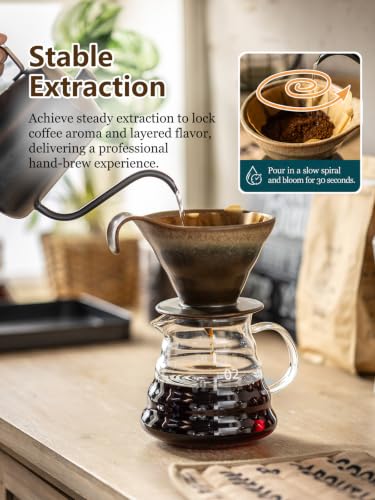 Ceramic Pour Over Coffee Maker - Single-Hole Cone with Curved Handle, Earthy Brown