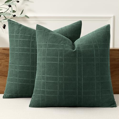 MIULEE Dark Green Linen Plaid Pillow Covers 24x24 Set of 2 - Farmhouse Decor