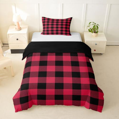 Feelyou Black Red Buffalo Plaid Duvet Cover Twin Size Boys Girls Checkered Bedding Set No Comforter