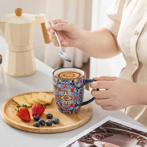 12 oz Coffee Mugs Set of 6 - Ceramic Boho Style Drinkware with Handle