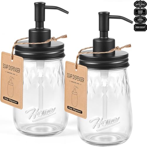 Black Glass Mason Jar Soap Dispenser Set - 16oz with Metal Pump, 2 Pack