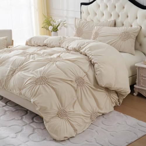 Full Size Beige Ruched Flower Duvet Set 3-Piece Boho Bedding - Beige / Full
