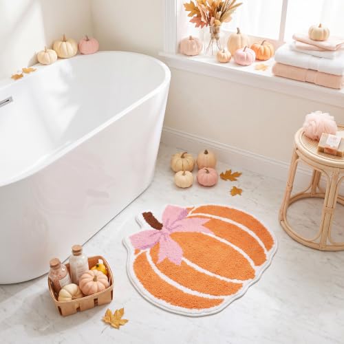 Fall Pumpkin Bath Rug with Pink Bow - Non Slip 23 Inch Bathroom Mat