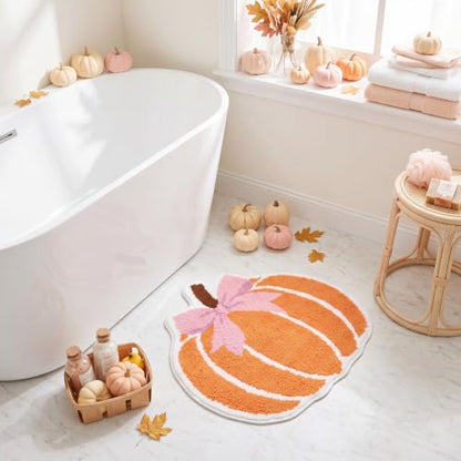 Fall Pumpkin Bath Rug with Pink Bow - Non Slip 23 Inch Bathroom Mat