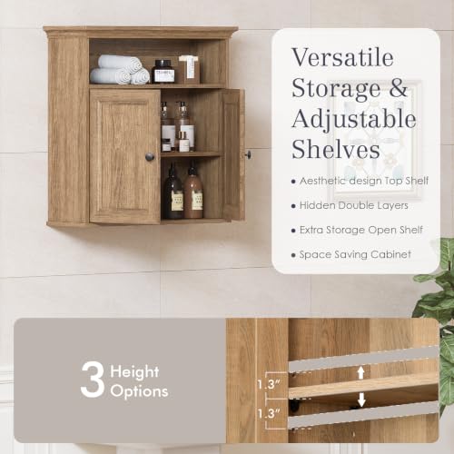 Bathroom Wall Cabinet with Doors - Brown Oak Finish, Adjustable Shelf