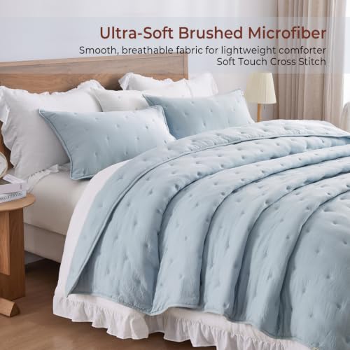 Blue King Quilt Set - Lightweight Soft Bedspread with Pillow Shams - Blue Stitch